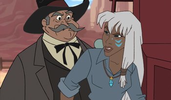 Movie still from “Atlantis: Milo's Return” (2003), directed by Tad Stones – An old man standing next to an older woman; Close Up shot, Over the shoulder angle