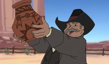 Movie still from “Atlantis: Milo's Return” (2003), directed by Tad Stones – An animated character is holding a vase in his hand; Medium shot, Low angle