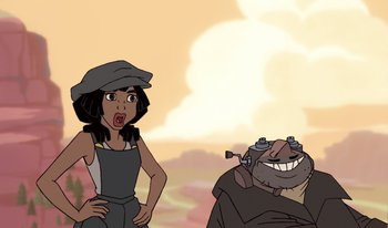 Movie still from “Atlantis: Milo's Return” (2003), directed by Tad Stones – An animated scene of a woman and a troll; Medium shot, Low angle