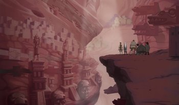 Movie still from “Atlantis: Milo's Return” (2003), directed by Tad Stones – Two people standing on the side of a cliff looking into a cave; Extreme Wide shot, Overhead angle