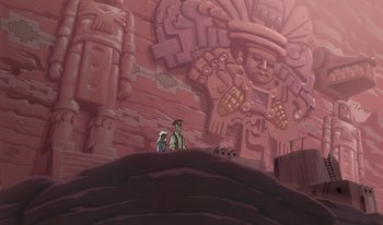 Movie still from “Atlantis: Milo's Return” (2003), directed by Tad Stones – Two people standing in front of an elaborate mural; Extreme Wide shot, Low angle