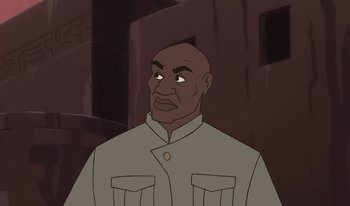 Movie still from “Atlantis: Milo's Return” (2003), directed by Tad Stones – An animated picture of an african american man in a white shirt; Medium shot, Low angle