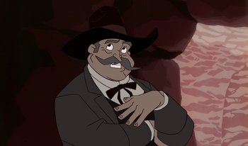 Movie still from “Atlantis: Milo's Return” (2003), directed by Tad Stones – An animated picture of a man with a mustache and a hat; Medium shot, Low angle