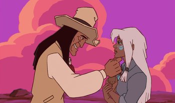 Movie still from “Atlantis: Milo's Return” (2003), directed by Tad Stones – An animated cowboy and a native american woman; Close Up shot, Over the shoulder angle