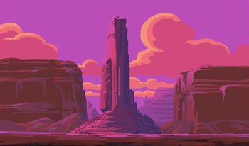 Movie still from “Atlantis: Milo's Return” (2003), directed by Tad Stones – An illustration of a rock formation in the middle of the desert; Extreme Wide shot, Low angle