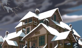 Movie still from “Atlantis: Milo's Return” (2003), directed by Tad Stones – An illustration of a house with snow on the roof; Extreme Wide shot, Low angle