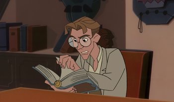 Movie still from “Atlantis: Milo's Return” (2003), directed by Tad Stones – An animated man is reading a book with glasses on; Medium shot, High angle