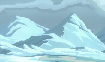 Movie still from “Atlantis: Milo's Return” (2003), directed by Tad Stones – An illustration of a snowy mountain with a sky background; Extreme Wide shot, High angle