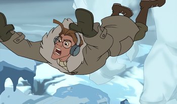 Movie still from “Atlantis: Milo's Return” (2003), directed by Tad Stones – An animated man flying through the air with headphones on; Medium shot, Overhead angle