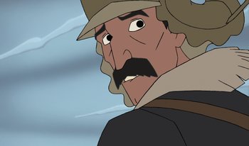 Movie still from “Atlantis: Milo's Return” (2003), directed by Tad Stones – An animated man with a mustache and a hat; Close Up shot, Over the shoulder angle