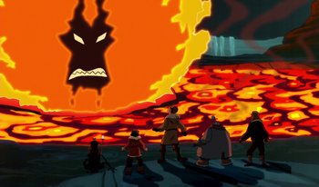 Movie still from “Atlantis: Milo's Return” (2003), directed by Tad Stones – A group of people standing in front of a fire; Extreme Wide shot, High angle