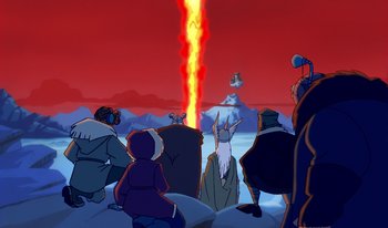 Movie still from “Atlantis: Milo's Return” (2003), directed by Tad Stones – A group of people standing in front of an erupting volcano; Extreme Wide shot, Low angle