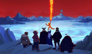 Movie still from “Atlantis: Milo's Return” (2003), directed by Tad Stones – A group of people standing in the middle of a snowy field; Extreme Wide shot, Over the shoulder angle