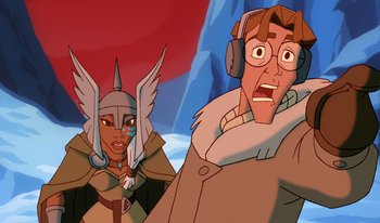 Movie still from “Atlantis: Milo's Return” (2003), directed by Tad Stones – Two animated characters are looking at the camera; Close Up shot, Low angle