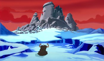 Movie still from “Atlantis: Milo's Return” (2003), directed by Tad Stones – An image of an animated scene with a man in the snow; Extreme Wide shot, Low angle