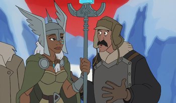 Movie still from “Atlantis: Milo's Return” (2003), directed by Tad Stones – A woman and a man standing next to each other; Medium shot, Over the shoulder angle