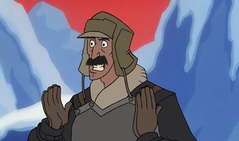 Movie still from “Atlantis: Milo's Return” (2003), directed by Tad Stones – An animated man with a hat and a mustache; Close Up shot, Low angle