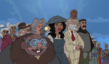 Movie still from “Atlantis: Milo's Return” (2003), directed by Tad Stones – A group of people standing next to each other in front of a blue sky; Medium shot, Low angle