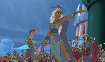 Movie still from “Atlantis: Milo's Return” (2003), directed by Tad Stones – A woman holding a sword in front of a crowd of people; Medium shot, Over the shoulder angle