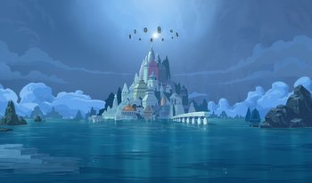 Movie still from “Atlantis: Milo's Return” (2003), directed by Tad Stones – An illustration of an island in the middle of the ocean; Extreme Wide shot, Low angle