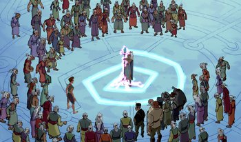Movie still from “Atlantis: Milo's Return” (2003), directed by Tad Stones – A crowd of people standing around a man in the middle of a circle; Extreme Wide shot, Overhead angle