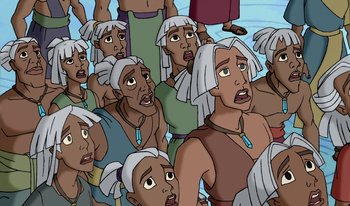 Movie still from “Atlantis: Milo's Return” (2003), directed by Tad Stones – A bunch of people that are standing in a group; Medium shot, High angle