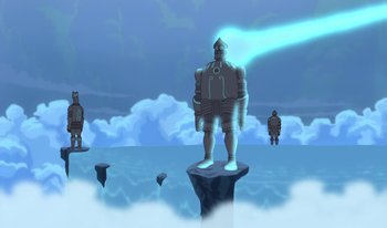 Movie still from “Atlantis: Milo's Return” (2003), directed by Tad Stones – An image of a man standing on top of a mountain; Extreme Wide shot, Low angle