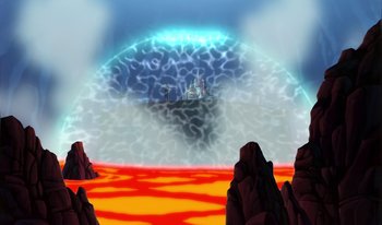 Movie still from “Atlantis: Milo's Return” (2003), directed by Tad Stones – An image of an island in the middle of the ocean; Extreme Wide shot, High angle