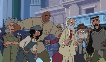 Movie still from “Atlantis: Milo's Return” (2003), directed by Tad Stones – A group of people standing next to each other in front of a building; Medium shot, High angle
