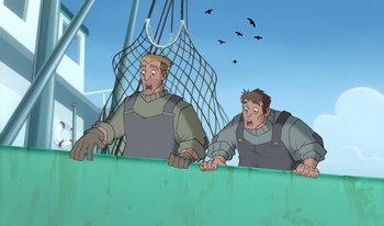 Movie still from “Atlantis: Milo's Return” (2003), directed by Tad Stones – Two men standing next to each other near a net; Medium shot, Low angle