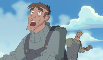 Movie still from “Atlantis: Milo's Return” (2003), directed by Tad Stones – A cartoon picture of a man and a man in overalls looking surprised; Medium shot, Low angle