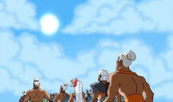 Movie still from “Atlantis: Milo's Return” (2003), directed by Tad Stones – A group of people standing on top of a beach; Extreme Wide shot, Low angle