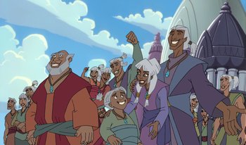 Movie still from “Atlantis: Milo's Return” (2003), directed by Tad Stones – A bunch of people that are standing in a group; Medium shot, Low angle