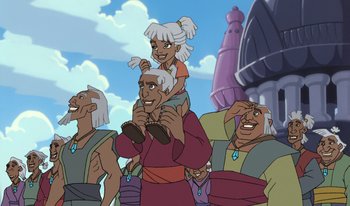 Movie still from “Atlantis: Milo's Return” (2003), directed by Tad Stones – A group of people standing next to each other in front of a building; Medium shot, Low angle