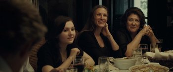 Movie still from “August: Osage County” (2013), directed by John Wells – Two women sitting at a dinner table smiling for the camera; Medium shot, Over the shoulder angle