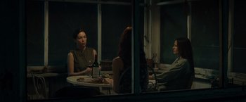Movie still from “August: Osage County” (2013), directed by John Wells – A group of people sitting at a table with a bottle; Medium shot, Over the shoulder angle