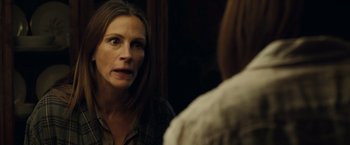 Movie still from “August: Osage County” (2013), directed by John Wells – A woman looking in the mirror in front of a mirror; Close Up shot, Over the shoulder angle