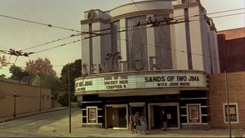 Movie still from “Avalon” (1990), directed by Barry Levinson – A movie theater with people walking down the sidewalk; Extreme Wide shot, High angle