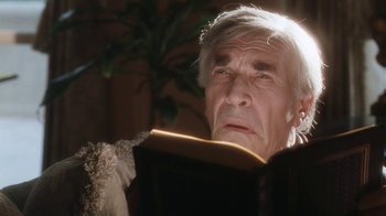 Movie still from “B*A*P*S” (1997), directed by Robert Townsend – An older man is reading a book in the sunlight; Close Up shot, Low angle