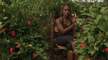Movie still from “Baby Boy” (2001), directed by John Singleton – A woman sitting on a chair surrounded by tomatoes; Medium shot, Low angle