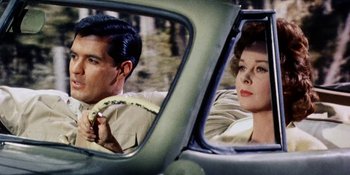Movie still from “Back Street” (1961), directed by David Miller – A man and a woman sitting in the back seat of a car; Medium shot, High angle