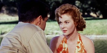 Movie still from “Back Street” (1961), directed by David Miller – A man and a woman are talking in a field; Close Up shot, Over the shoulder angle