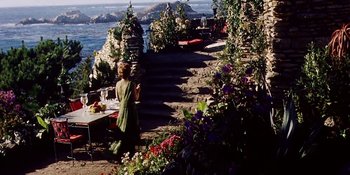 Movie still from “Back Street” (1961), directed by David Miller – A woman standing in a garden next to the ocean; Extreme Wide shot, High angle