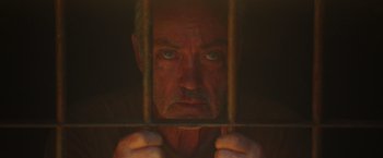 A person behind a metal fence