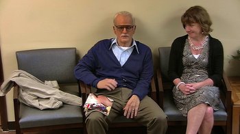 Movie still from “Jackass Presents: Bad Grandpa” (2013), directed by Jeff Tremaine – An older man sitting in a waiting room with two older women; Medium shot, High angle