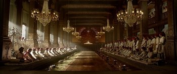 Movie still from “Bajirao Mastani” (2015), directed by Sanjay Leela Bhansali – A large room filled with chandeliers and tables; Extreme Wide shot, High angle