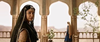 Movie still from “Bajirao Mastani” (2015), directed by Sanjay Leela Bhansali – A woman in a black dress and a woman in a blue dress; Medium shot, Over the shoulder angle