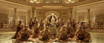 Movie still from “Bajirao Mastani” (2015), directed by Sanjay Leela Bhansali – A group of women dressed in traditional indian garb; Wide shot, Overhead angle