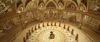 Movie still from “Bajirao Mastani” (2015), directed by Sanjay Leela Bhansali – A group of people are dancing in a circle; Extreme Wide shot, Overhead angle