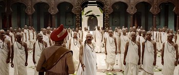 Movie still from “Bajirao Mastani” (2015), directed by Sanjay Leela Bhansali – A group of men dressed in ancient clothing; Wide shot, Low angle